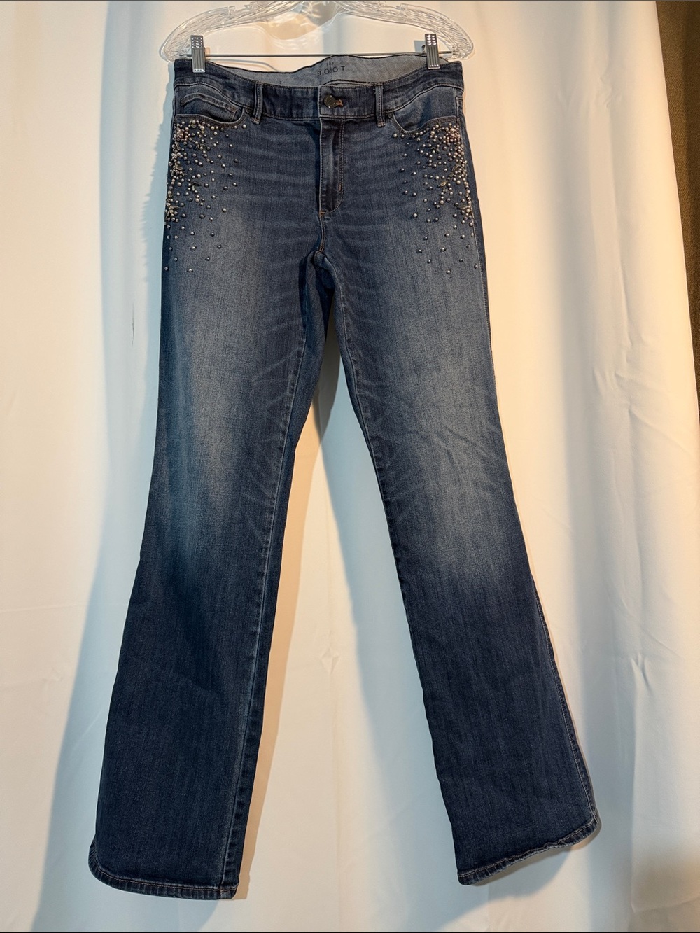 White House Black Market Dark Blue Flare Jeans with Rhinestone Hip Detail B4